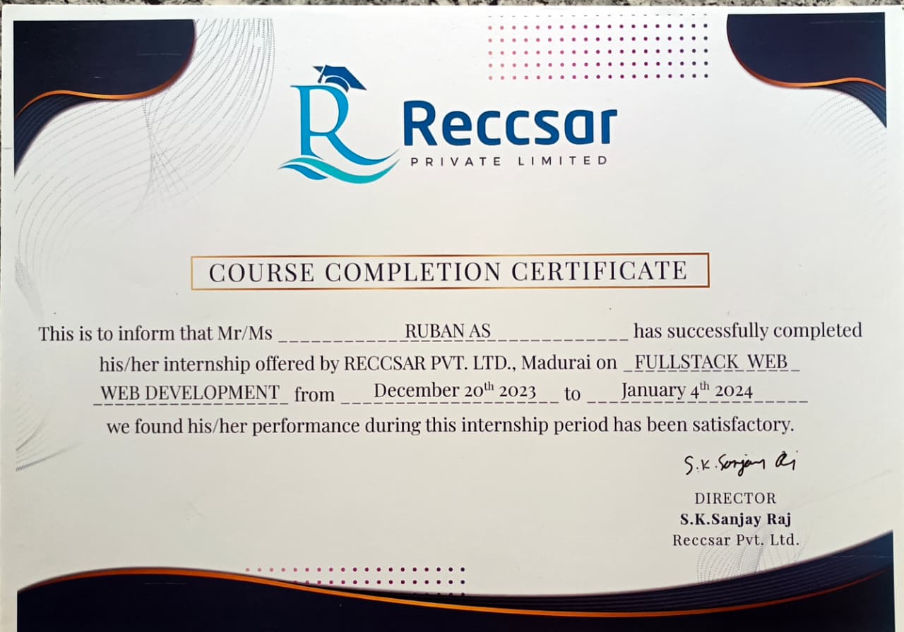 Reccsar Pvt Ltd Certificate